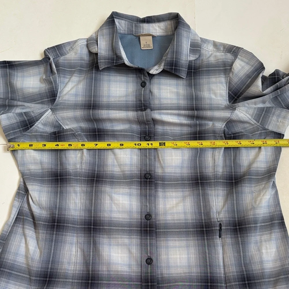 Ladies Duluth Trading Quick Dry Sun Protection Blue/Gray Plaid Shirt Size L - Picture 10 of 11